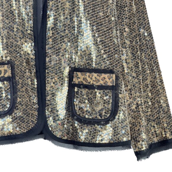 CHICO'S Women's Jacket Gold Sequined Leopard Accents Polyester Open Front Size 2 - Picture 5 of 9